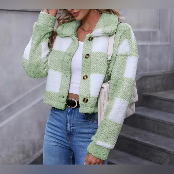 New Teddy Plaid Mint Green White Coat Button Front Long Sleeve Outerwear NWT - Picture 5 of 13